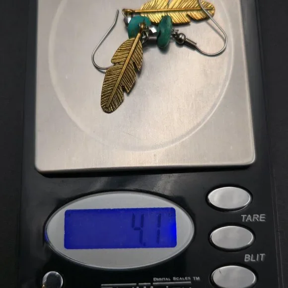 Silver Plated Turquoise Stone Brass Feather Earrings A6985 - Picture 5 of 5